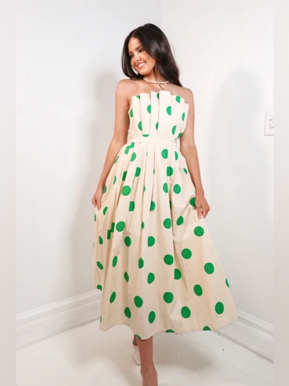 Entro Strapless Cream Midi Dress with Green Polka Dots Size Large